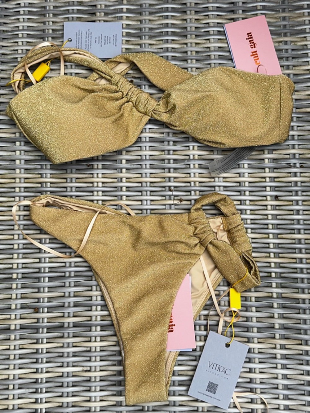 NWT Cult Gaia Charmaine One Shoulder Bikini XS Top Bottom Set Gold - Picture 5 of 14